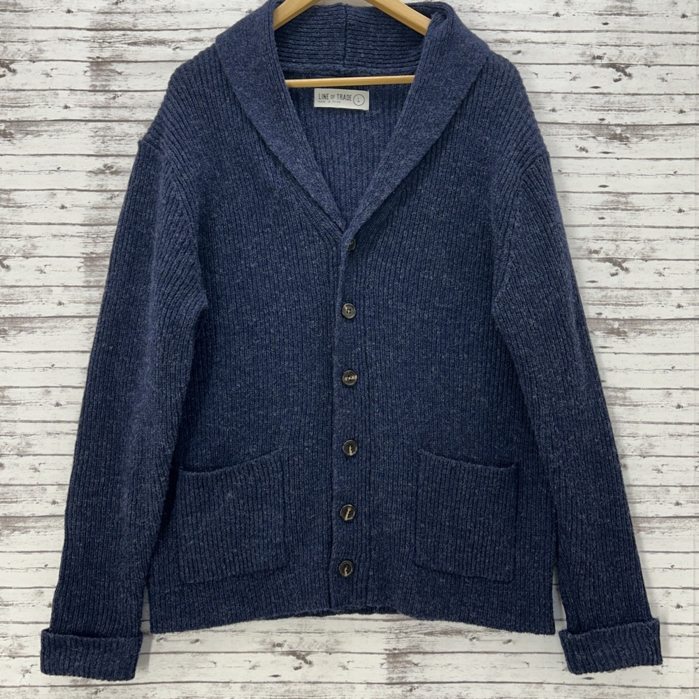 Line of Trade Sweater Mens Large Shetland Wool Shawl Collar Cardigan Fisherman